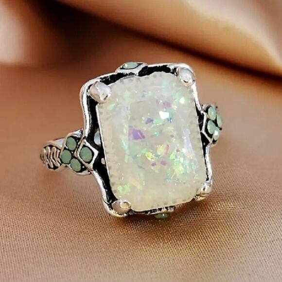 Val Jewerly Jewelry - Square White Opal Antique Silver Rings